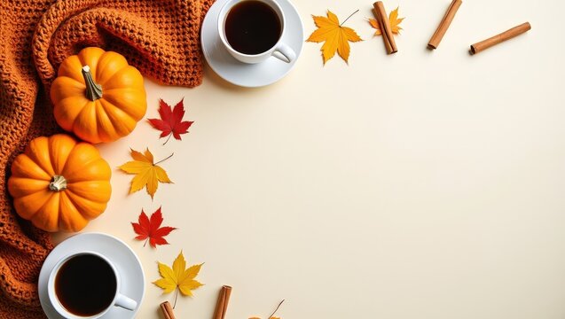 Cozy autumn flat lay with pumpkins, warm knitted blankets, coffee, maple leaves and cinnamon on a light background. Seasonal fall composition with copy space for text, banners and designs