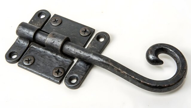 Door latch made of forged iron provides a secure locking mechanism for rustic wooden gates and vintage cabinets.