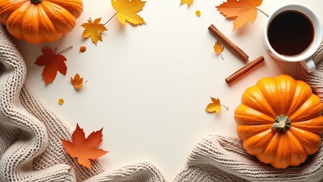 Cozy autumn flat lay with pumpkins, warm knitted blankets, coffee, maple leaves and cinnamon on a light background. Seasonal fall composition with copy space for text, banners and designs
