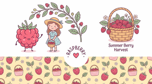 Cute raspberry seamless vector pattern with whimsical berry girl character, botanical leaves, fruit branches, and playful details for summer branding, food packaging, labels, stickers, and logos.