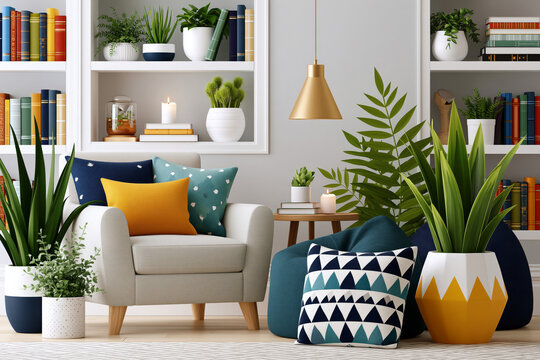 Creative concept: welcoming literacy activity zone with cozy reading nook, bookshelves, bean bags and indoor plants, colorful education illustration