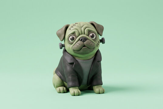3D cute pug dog dressed as a green Frankenstein monster, Halloween clay figurine