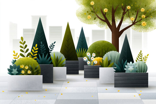 Concept showing heavy-duty rectangular garden planters with weather-resistant finish, modern landscape design