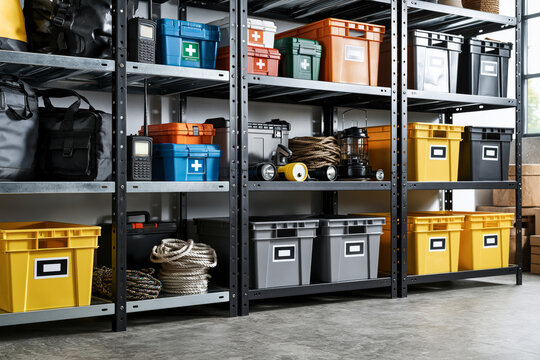 Organized survival gear storage room with heavy-duty shelving, waterproof backpacks, first aid kits, emergency radios, lanterns, flashlights, ropes and labeled storage bins arranged neatly, bright