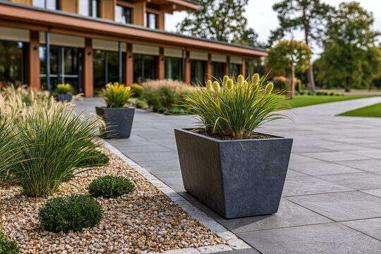 Graphic representation of premium outdoor landscaping with durable stone planters, decorative gravel, ornamental grasses and modern architectural background, generous copy space