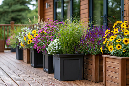 Graphic representation of durable garden containers arranged symmetrically on a contemporary terrace with ornamental grasses and flowering perennials, bright natural lighting