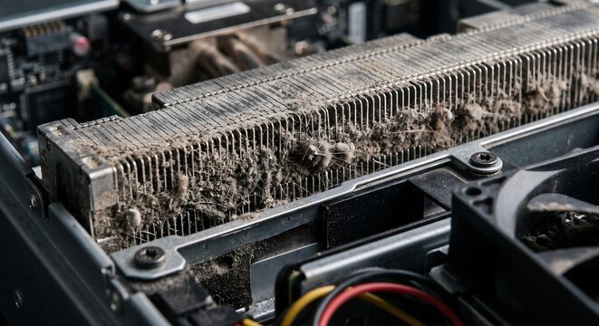 Dusty computer cooling fan heatsink inside a desktop PC case