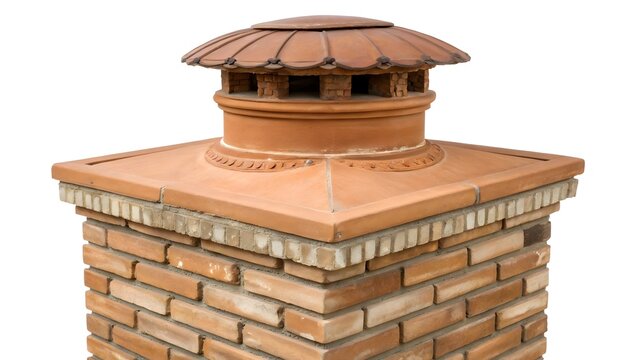 Brick chimney stack features a decorative clay cap set against a plain background.