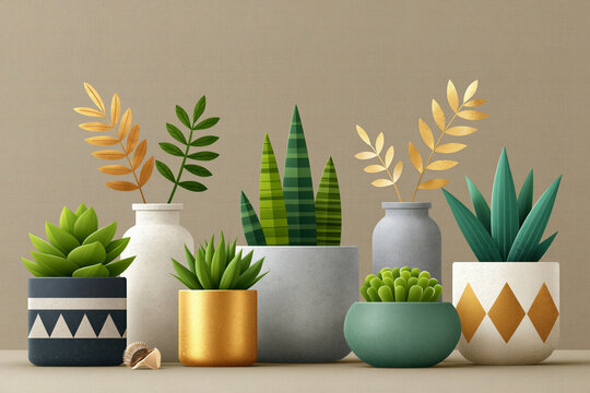 Creative concept: textured concrete garden planters arranged in an elegant catalog presentation, neutral studio backdrop, premium illustration
