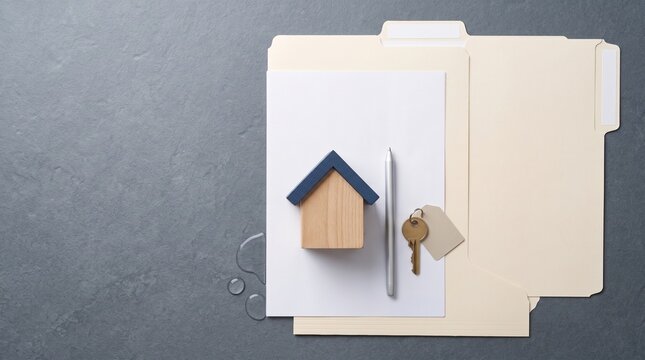 House Model with Key and File Folders on Desk