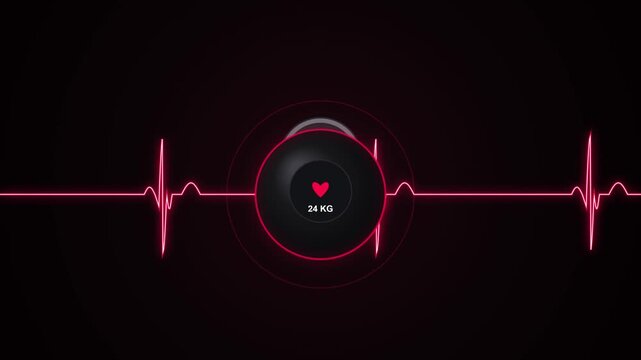 Digital Kettlebell Fitness Weight Concept with Glowing Red Neon Heartbeat ECG Pulse Line