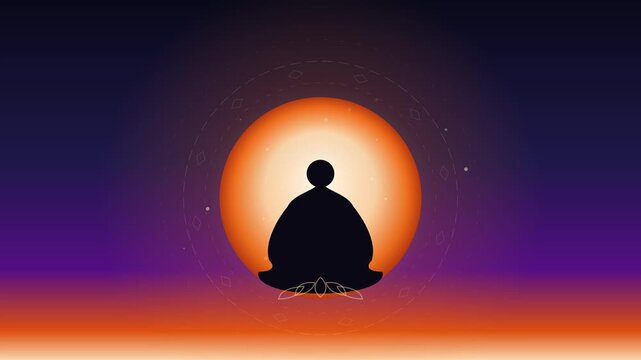 Spiritual Meditation and Yoga Concept with Silhouette Lotus Pose on Glowing Sunset Background