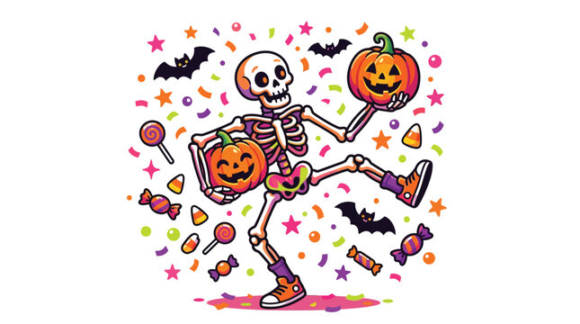 Cheerful dancing skeleton celebrating halloween party holding festive jack o lantern pumpkins surrounded by flying bats and colorful confetti