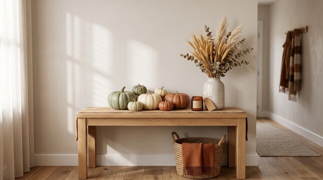 Pumpkins and Dried Flowers on Wooden Console Table in Entryway