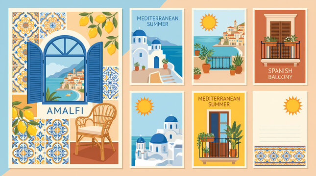 mediterranean summer art vector collection greek italian spanish window frames ceramic tiles lemons amalfi coast rattan wicker furniture for posters postcards travel wall art