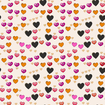 Seamless pattern of colorful cartoon hearts with faces