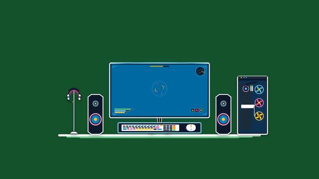 Ultimate gaming PC battlestation icon animation featuring a curved monitor, RGB tower with liquid cooling fans, mechanical keyboard, mouse, headset, and speakers on green background.