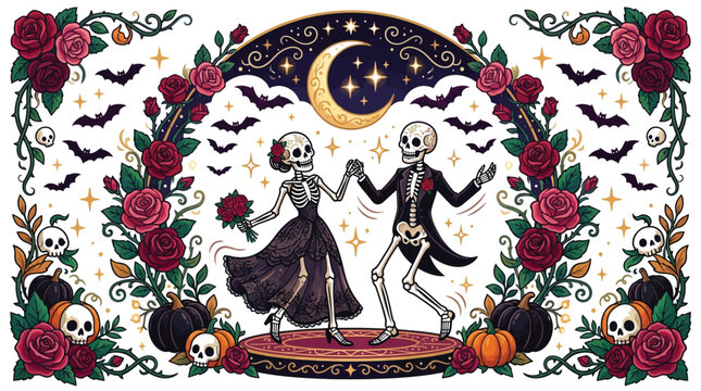 Skeletal bride and groom dancing joyfully surrounded by vibrant red roses and spooky Halloween bats