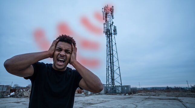 Young man in distress holding his head and screaming near a telecommunication tower with visible radio frequency waves