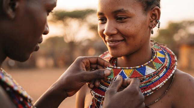 Close-up of young Zulu man hands gently touching and reading color geometric patterns on beaded collar at sunset