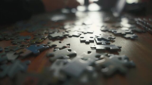 A steady table-level close-up shows a hand selecting jigsaw pieces among scattered shapes. Shallow focus and soft backlight create an intimate scene for hobbies and problem-solving content.