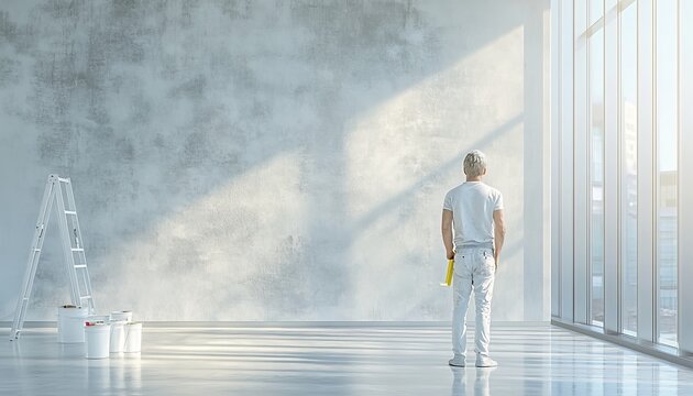 Professional painter standing near ladder and light gray wall in spacious bright room, back view.