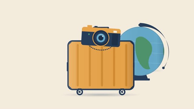 A clean 2D vector animation featuring a rolling travel suitcase, a compact camera, and a rotating globe. The suitcase moves horizontally while its wheels spin and the camera gently wobbles, creating a