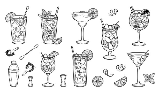 Hand Drawn Cocktail Doodle Gin Tonic Mojito Margarita Martini Vector Set