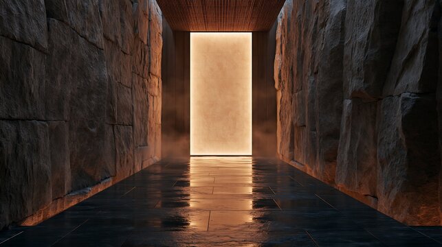 Futuristic minimalist stone corridor with a giant illuminated backlit monolithic portal, luxury brutalist architecture with glossy floor reflections
