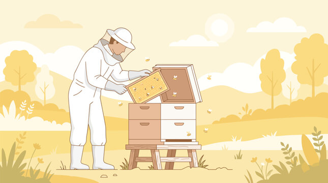 Beekeeper in protective suit inspecting a honeycomb frame in a field