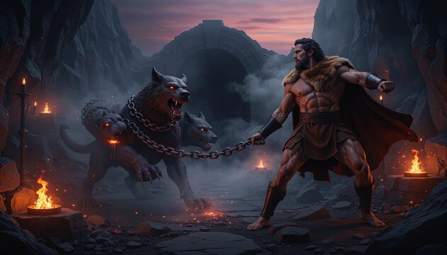Mythical hero Hercules controls Cerberus, the three-headed dog, in a dark, fiery underworld setting with ancient stone architecture and dramatic smoke.