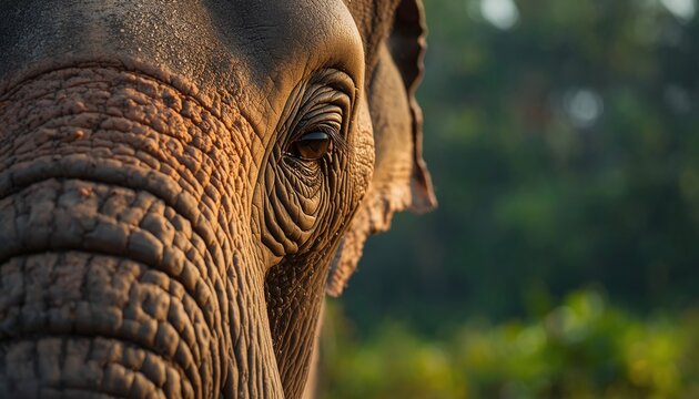 Elephant's eye and wrinkled skin texture close-up, showcasing the majestic wildlife animal in its natural habitat during golden hour, with blurred green foliage background.