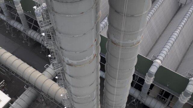 Cycle natural gas power plant exhaust stacks for emissions control systems environmental changes, aerial view