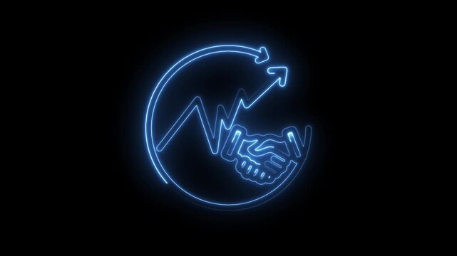 Neon handshake graph arrows circular motion business growth success partnership agreement icon