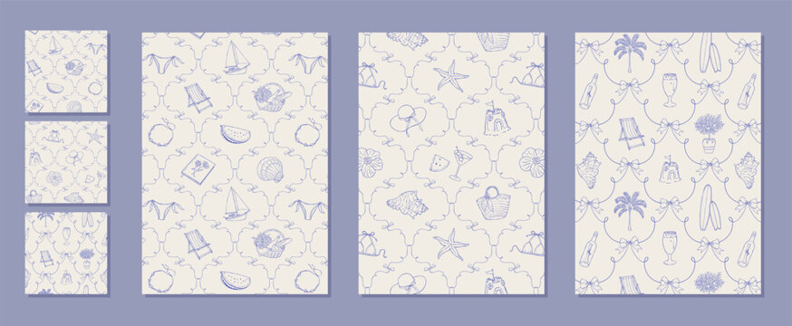 Seamless pattern collection with blue hand drawn sketch icon. Whimsical italian summer vacation theme with boat and palm, shell and sea beach. For print design background tile texture.