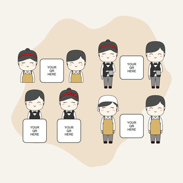 Chibi waiter and waitress cartoon characters illustration with QR code placeholder for scan to order food concept. Vector illustration. EPS 10.