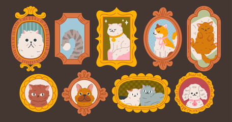 Cute cartoon cat photo portrait in vintage kawaii pose. Vector painting artwork with fluffy kitty illustration and ornate round frame border for kids gallery walls and playful pet memory decoration. © vectorpouch