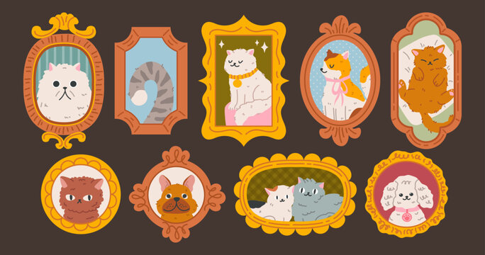 Cute cartoon cat photo portrait in vintage kawaii pose. Vector painting artwork with fluffy kitty illustration and ornate round frame border for kids gallery walls and playful pet memory decoration.