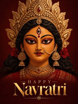 Happy Navratri Goddess Durga Portrait with Golden Ornaments