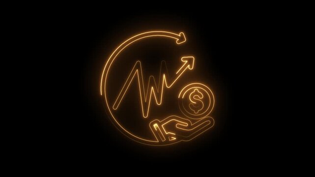Neon glowing financial growth icon with upward trending graph hand holding dollar coin symbol and