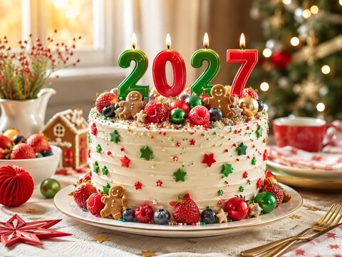 Festive 2027 New Year cake with red and green number candles, gingerbread people, berries and Christmas ornaments on a holiday table, celebrating family Christmas, seasonal baking and New Year's Eve