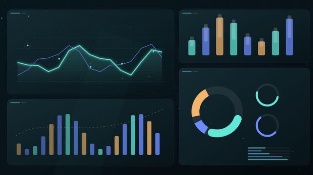 Four panel dark dashboard with dual line chart capsule bar chart histogram and donut gauges