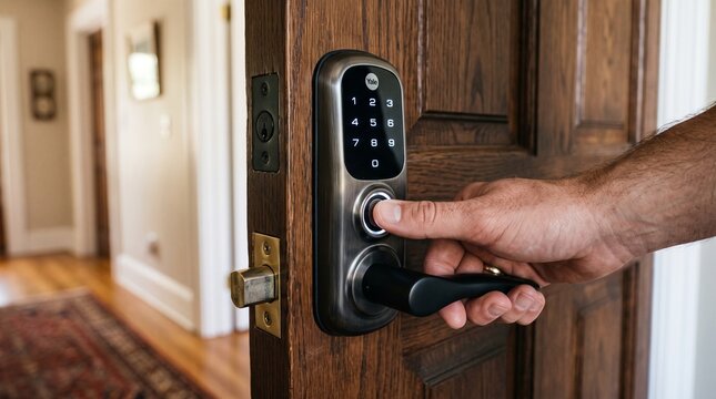 Close-up view of a stylish door lock mechanism, emphasizing security and modern craftsmanship in a residential setting	
