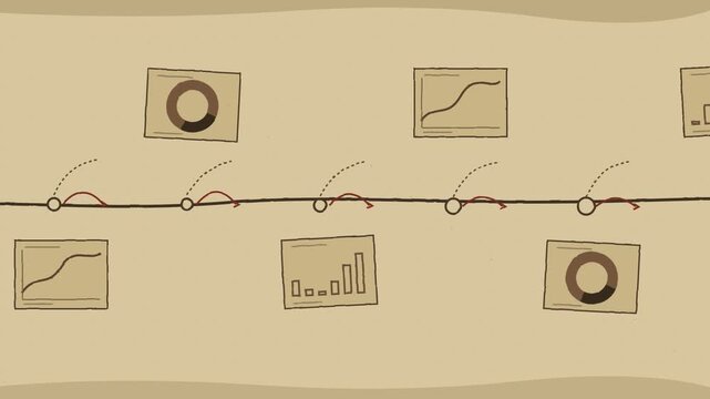 Sepia sketchbook style timeline with hand drawn chart panels connected by a drawn path and milestone markers