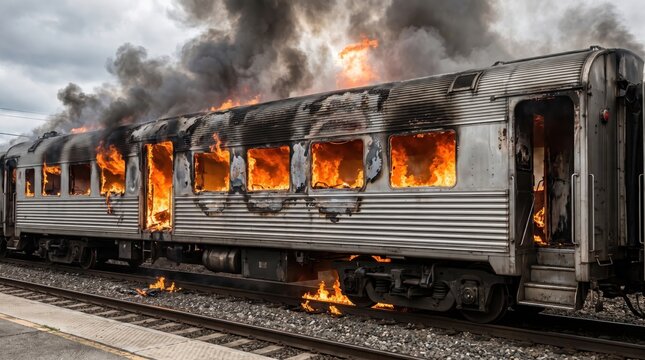 Severe train accident showing an entire passenger coach burning with raging flames and dark smoke.