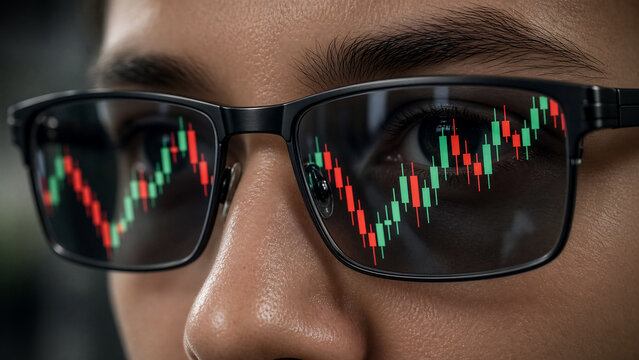 A woman peers through glasses reflecting a fluctuating stock market chart. She focuses intently.