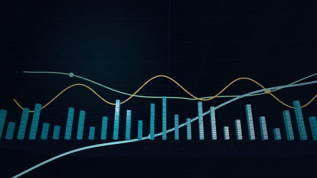 Wide panoramic wall of wireframe bar charts overlaid with multiple colored wave trend lines scrolling sideways