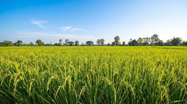 Lush green paddy field with ripening rice crops under clear blue sky in rural agricultural landscape