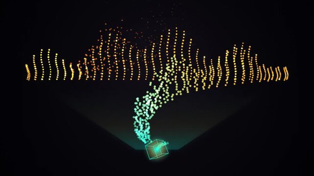 Futuristic digital data flow animation showing abstract glowing particles forming complex wave patte