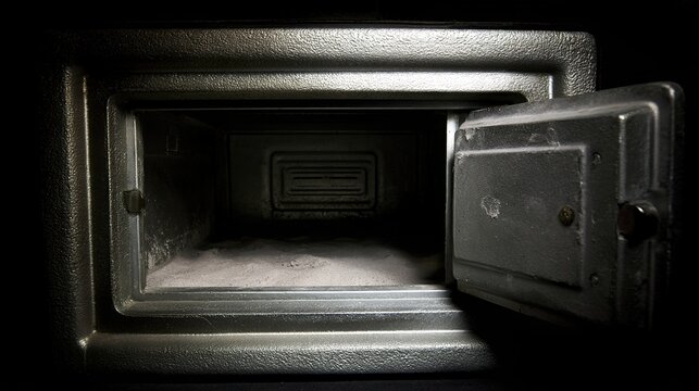 vault. Open, empty safe with dust inside, dim light on metallic surfaces. pitch deck slides, case study pages, designed for enterprise HRIS and productivity software interfaces.